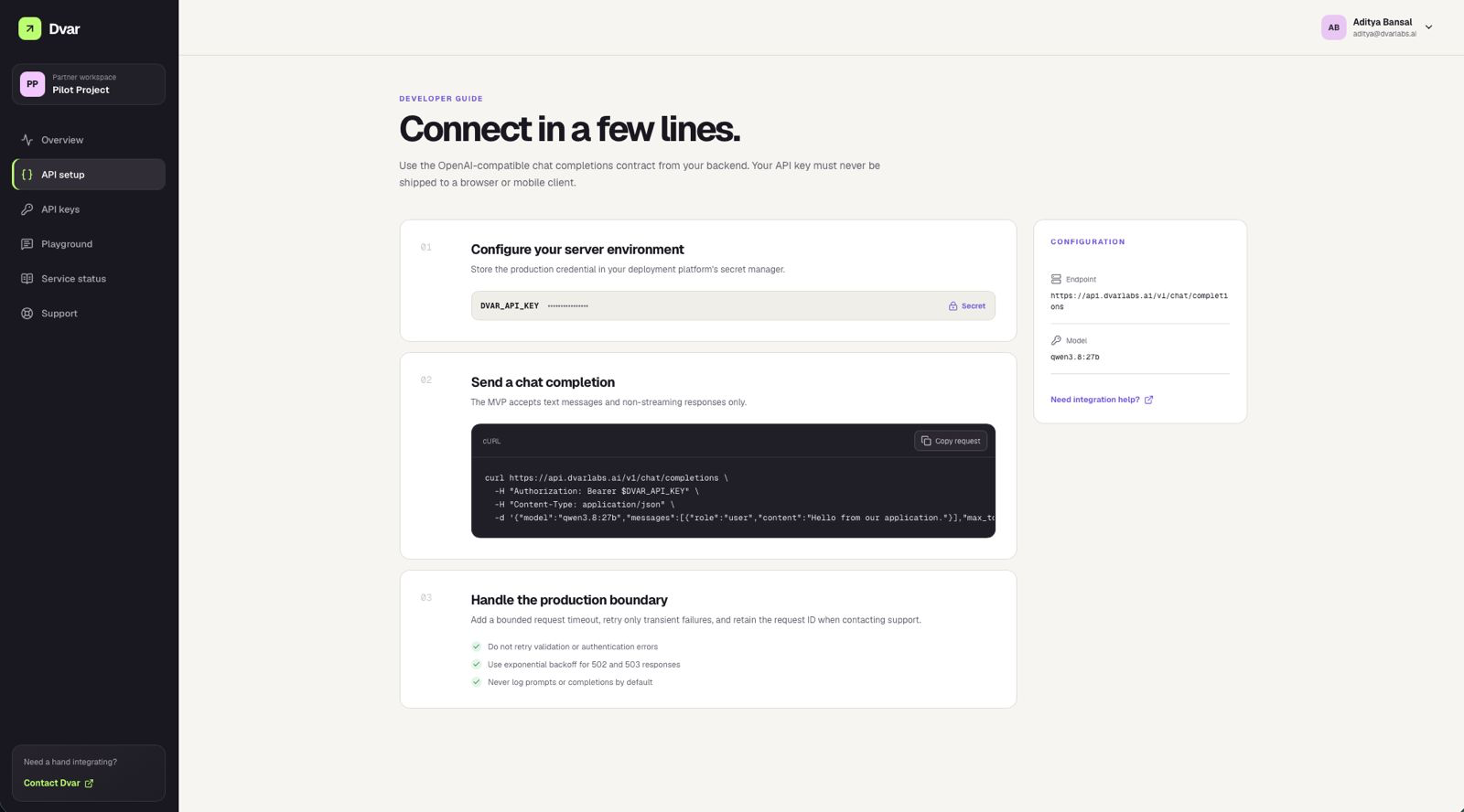 Dvar Partner Portal API setup page showing the endpoint, model, and server-side integration steps