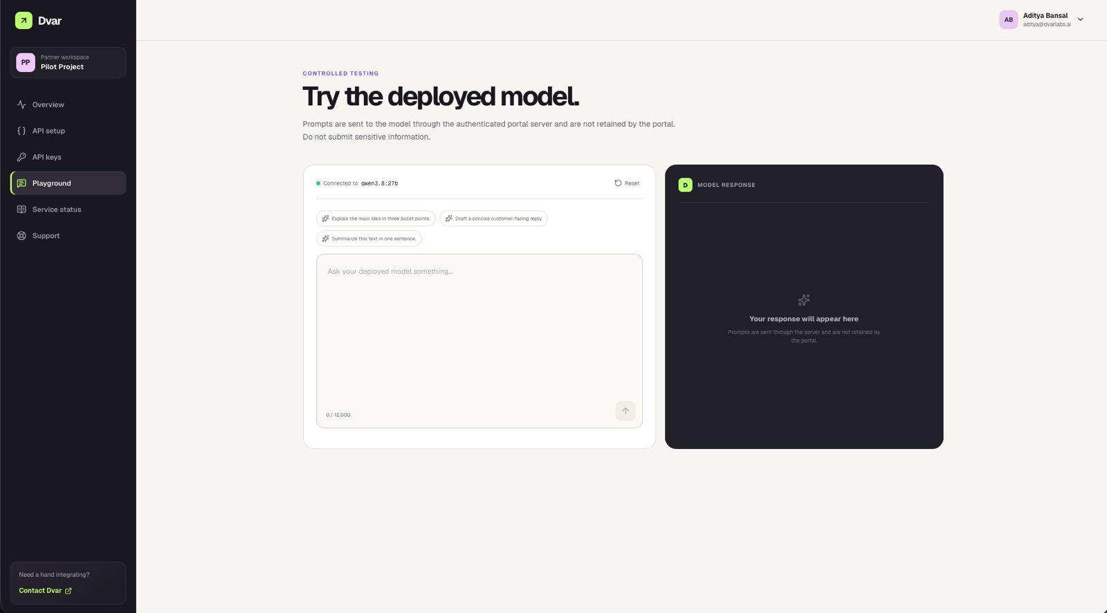 Dvar Partner Portal playground page showing a connected deployed model and model response panel